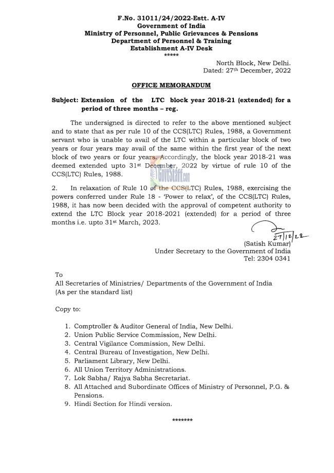 Extension of the LTC block year 201821 (extended) upto 31st March