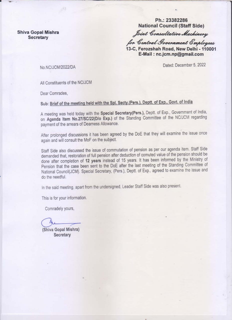 Payment of the arrears of Dearness Allowance and Restoration of Commuted Value of Pension after 12 Years instead of 15 years: Brief of Meeting of NC JCM with Spl. Secty.(Pers.), Deptt. of Exp., Govt. of India