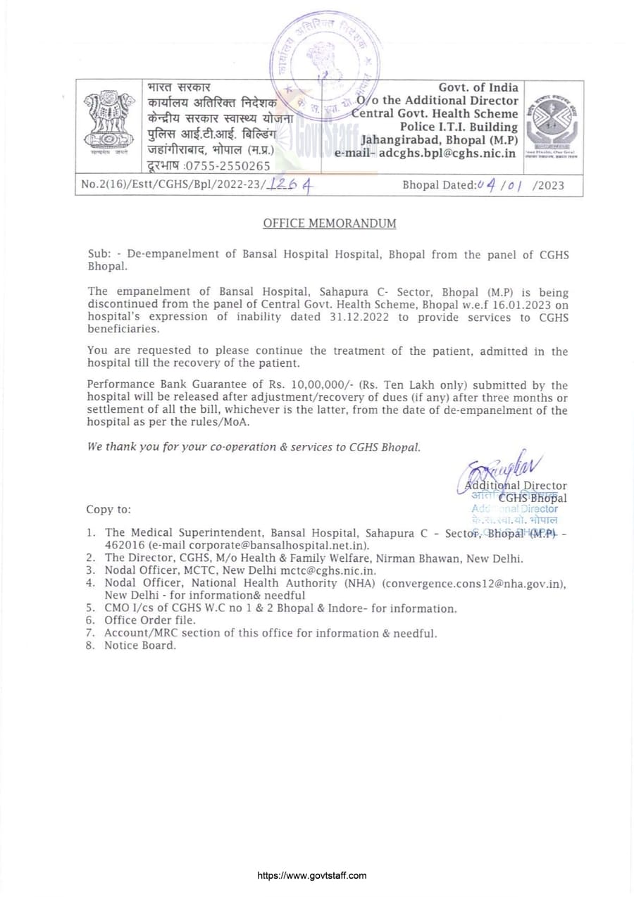 De-empanelment of Bansal Hospital Hospital, Bhopal from the panel of CGHS Bhopal: OM dated 04.01.2023