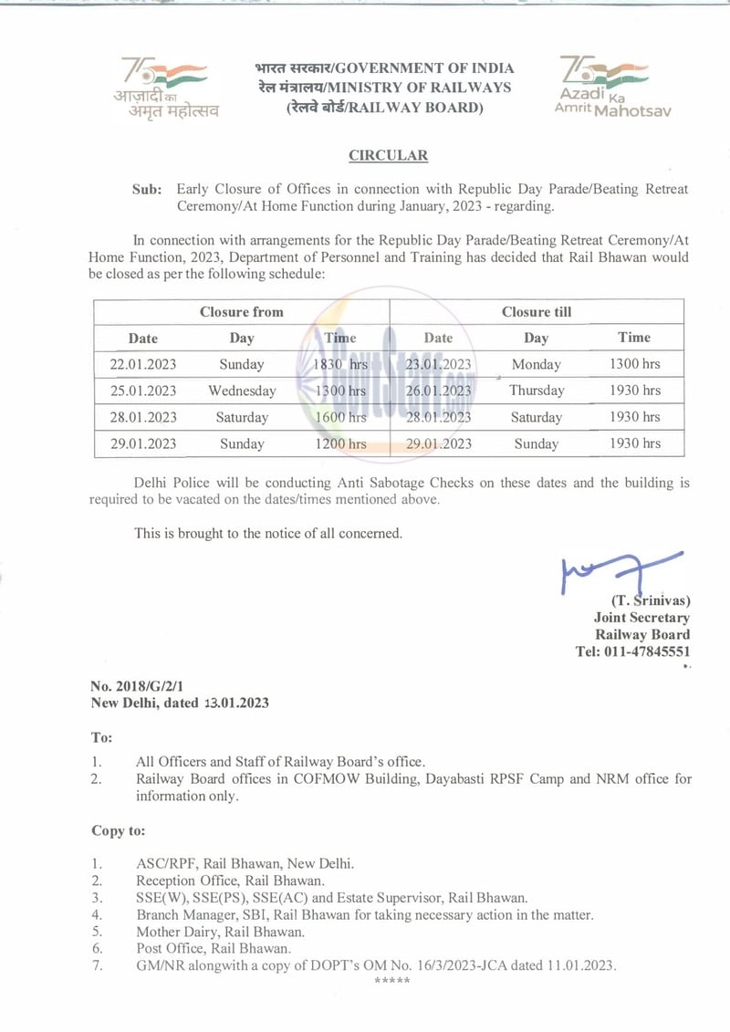 Early Closure of Offices in connection with Republic Day Parade/Beating Retreat Ceremony/ At Home Function during January, 2023: Railway Board Circular