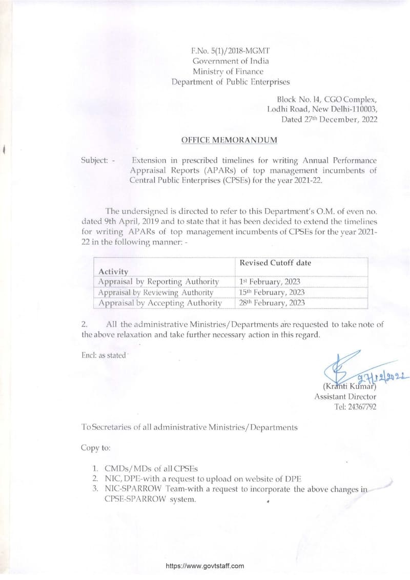 Extension in prescribed timelines for writing Annual Performance Appraisal Reports (APARs) of top management incumbents of Central Public Enterprises (CPSEs) for the year 2021-22