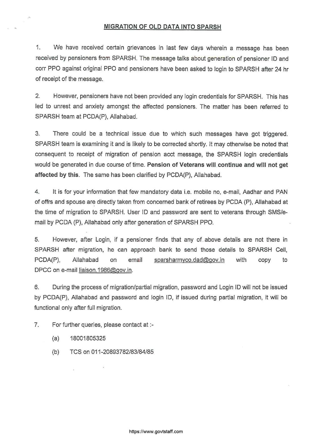 Migration of Old Data into SPARSH – PCDA(P) issued clarification regarding creation of User ID/password and difficulty in login