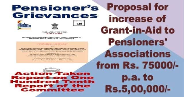 Proposal for increase of Grant-in-Aid to Pensioners’ Associations from Rs. 75000/- p.a. to Rs. 5,00,000/-: Action Taken Report on recommendation of DRPSC on Personnel, Public Grievances, Law and Justice