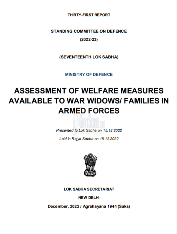 Welfare Measures available to War Widows/ Families in Armed Forces – 31st Assessment Report of Standing Committee on Defence