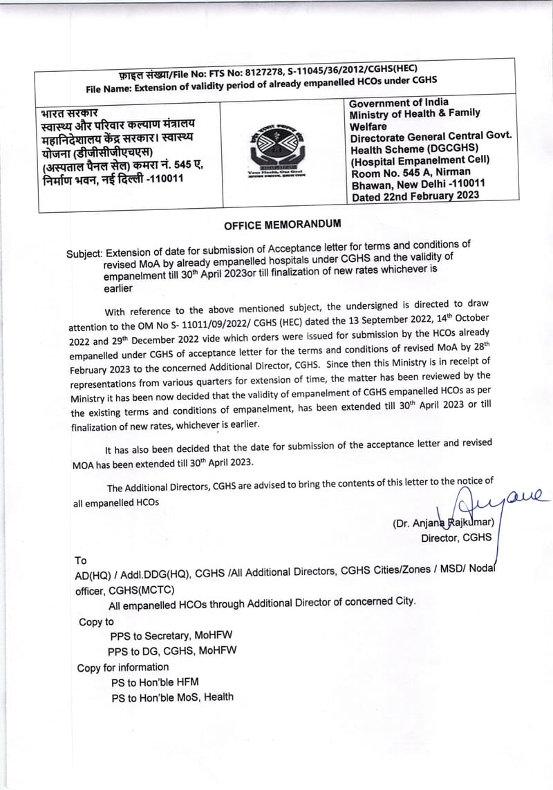 CGHS Empanelment : Extension of date for submission of the acceptance letter and revised MOA till 30th April 2023 : MOHFW OM dated 22.02.2023