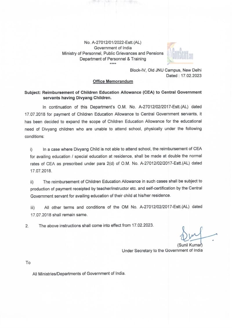 Children Education Allowance (CEA) at double the normal rates to Divyang Child for availing education / special education at residence – DOPT O.M.