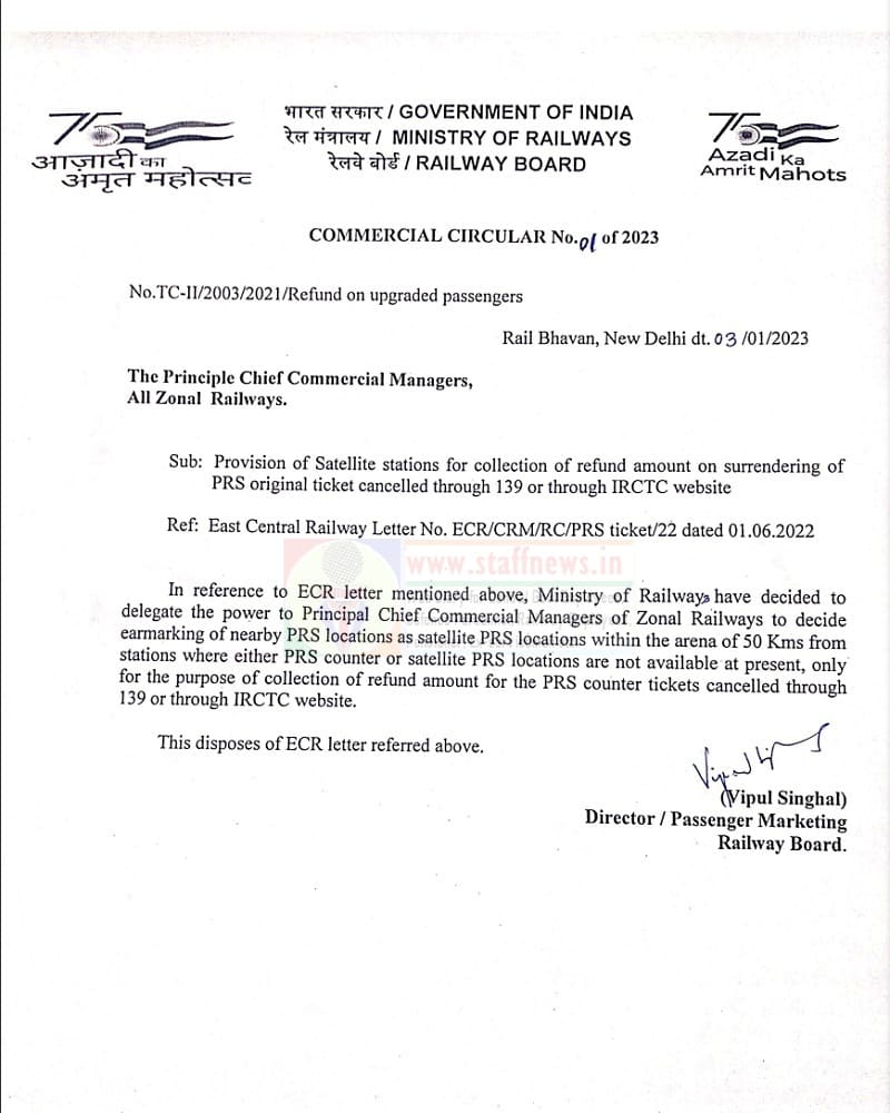 Provision of Satellite stations for collection of refund amount on surrendering of PRS original ticket cancelled through 139 or through IRCTC website: Railway Board’s Commercial Circular No. 01 of 2023