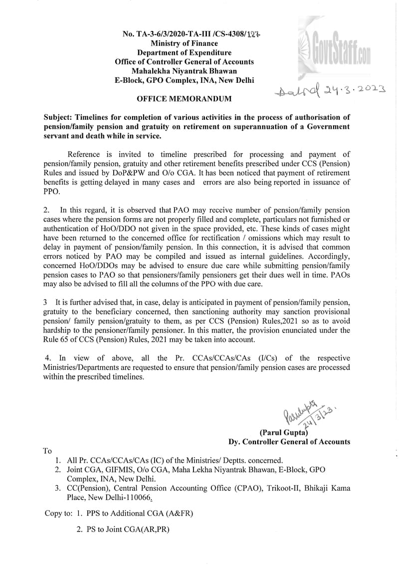 Authorisation of pension/family pension and gratuity on retirement on superannuation of a Government servant and death while in service – Timelines for completion of various activities processing