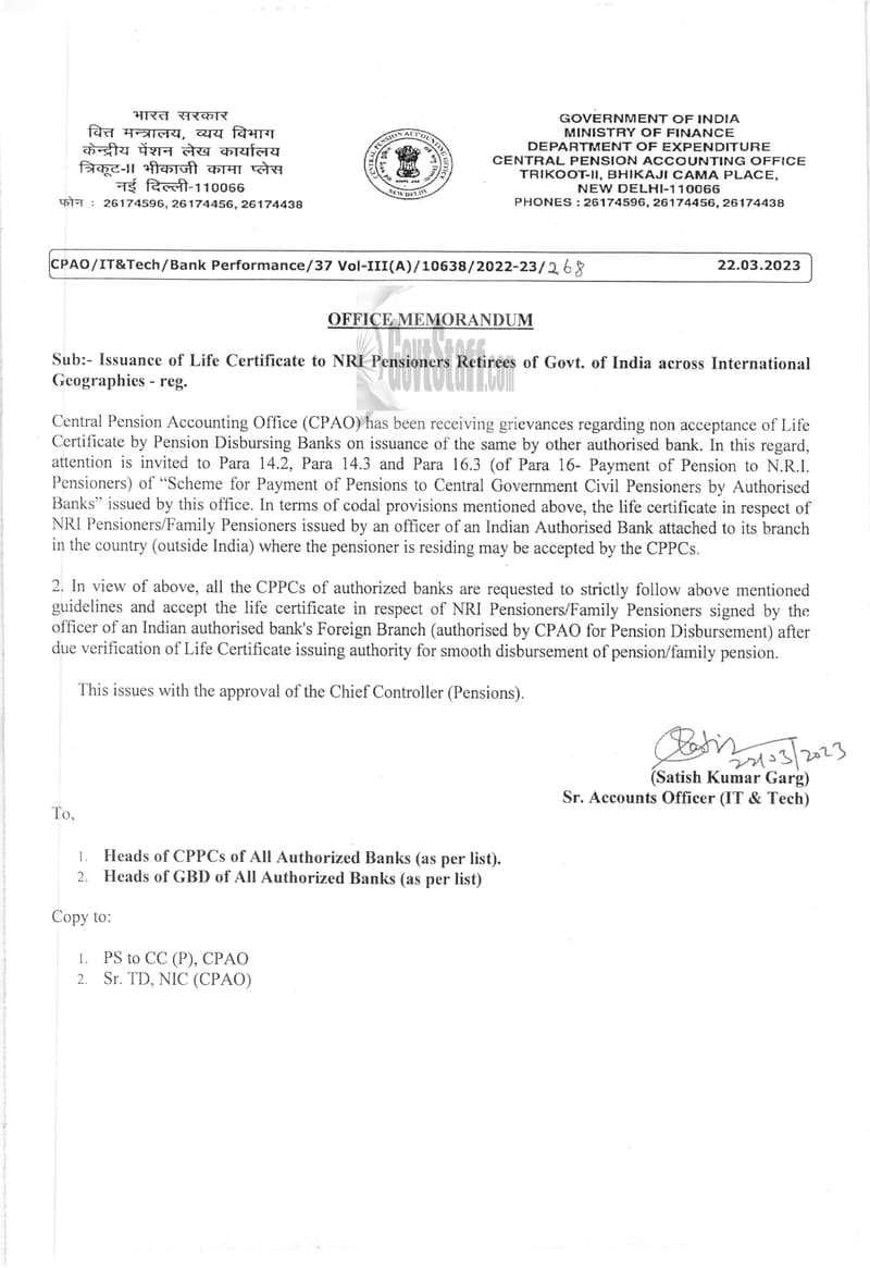 Issuance of Life Certificate to NRI Pensioners Retirees of Govt. of India across International Geographies – CPAO O.M. dated 22.03.2023