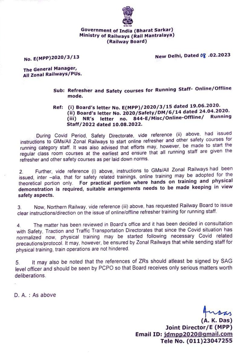 Refresher and Safety courses for Running Staff- Online/Offline mode: Railway Board Order to resume physical training vide dated 08.02.2023