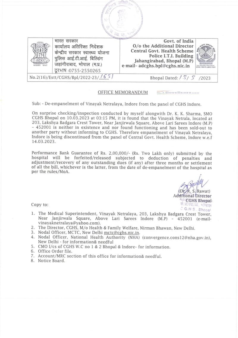 Vinayak Netralaya Indore depanelled from the panel of CGHS Indore – CGHS O.M. dated 13.03.2023