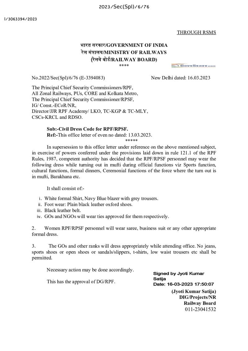 Civil Dress Code for RPF/RPSF – Railway Board order dated 16.03.2023