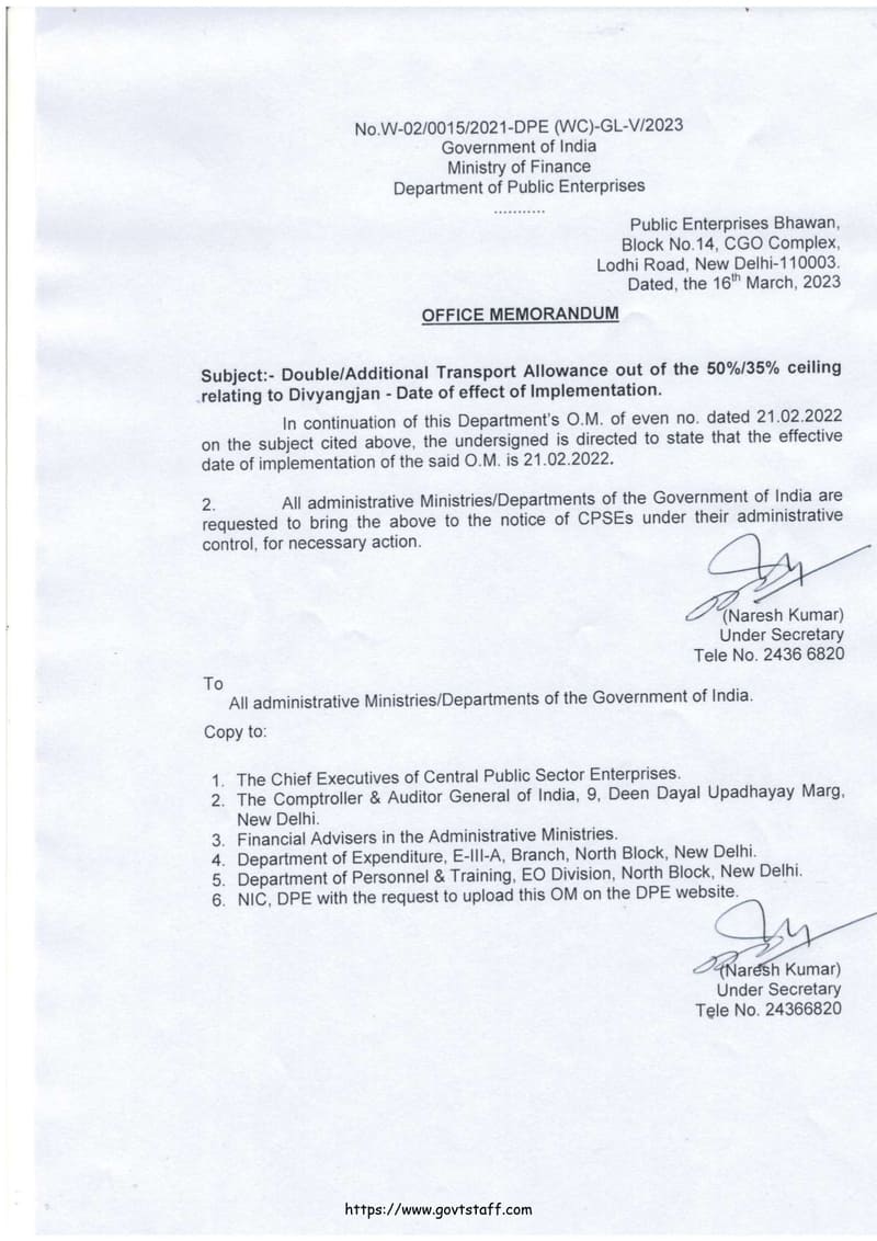 Double/Additional Transport Allowance out of the 50%/35% ceiling relating to Divyangjan – Date of effect of Implementation