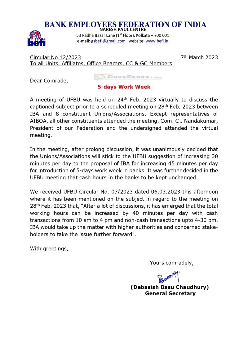 Introduction of 5-days work week in banks – BEFI Circular No. 12/2023 Introduction of 5-days work week in banks – BEFI Circular No. 12/2023