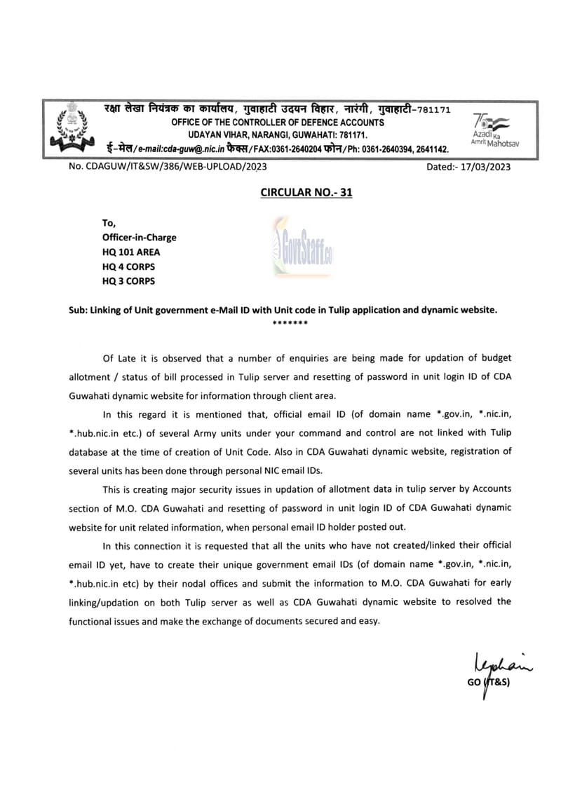 Linking of Unit government e-Mail ID with Unit code in Tulip application and dynamic website – CDA Guwahati Circular No. 31