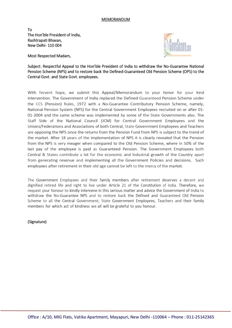 Withdrawal of No-Guarantee National Pension Scheme (NPS) and to restore back the Defined-Guaranteed Old Pension Scheme (OPS) to the Central Govt. and State Govt. employees