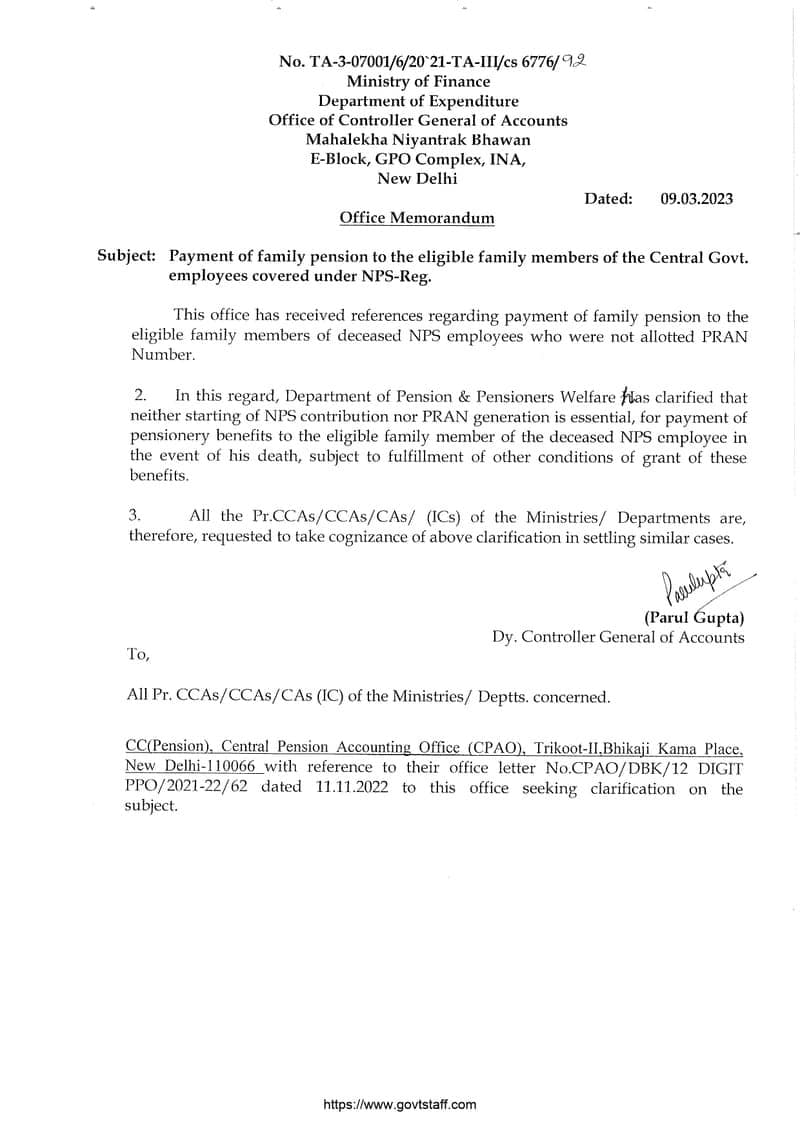 Payment of family pension to the eligible family members of the Central Govt. employees covered under NPS