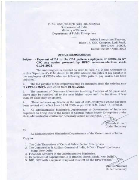6th-cpc-da-from-jan-2023-221-order-for-cda-pattern-employees-of-cpse-dpe-finmin-order-20-04-2023