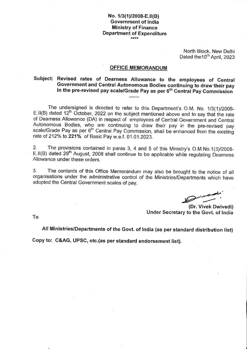 6th CPC Dearness Allowance from Jan-2023 @ 221% for CABs employees: FinMin Order