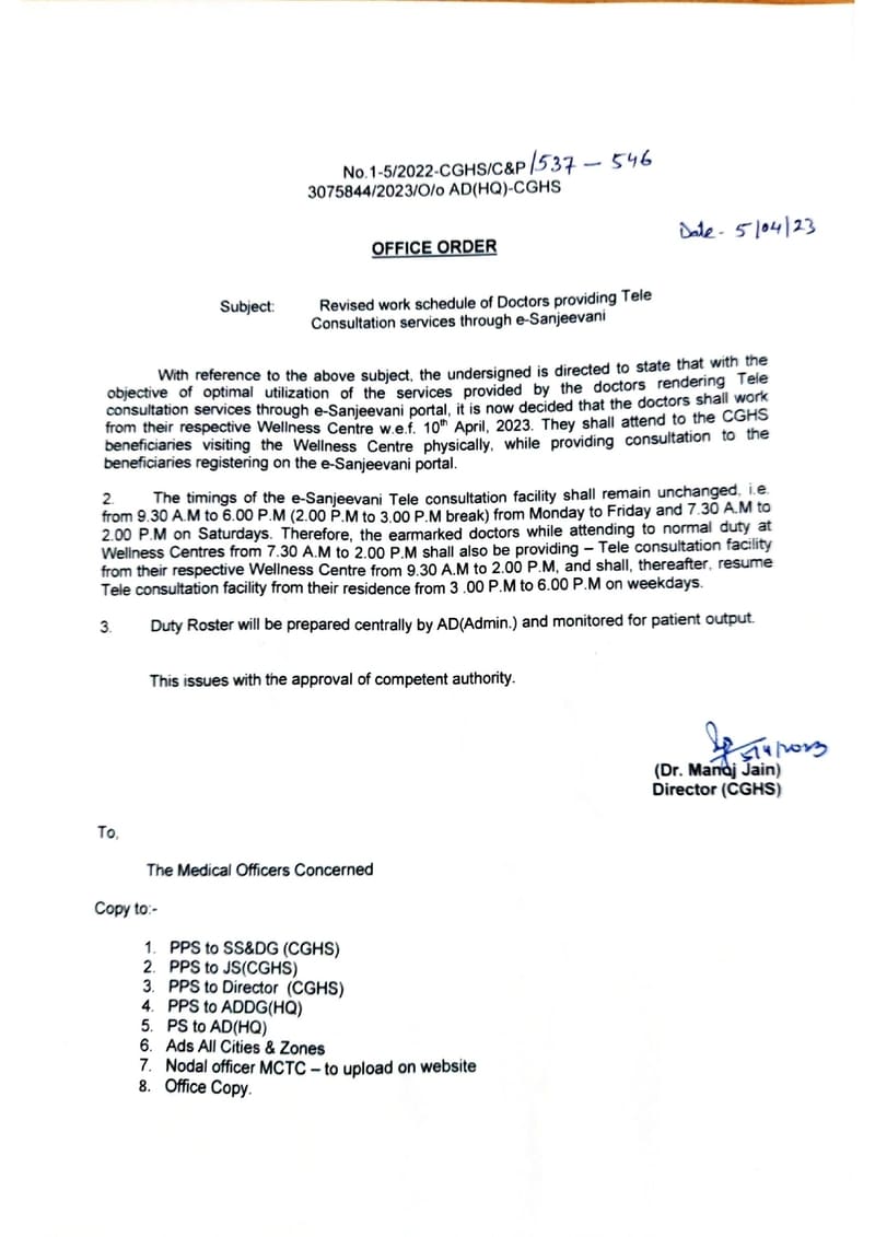Tele Consultation services through e-Sanjeevani – Revised work schedule of Doctors providing : CGHS Office order dated 05.04.2023