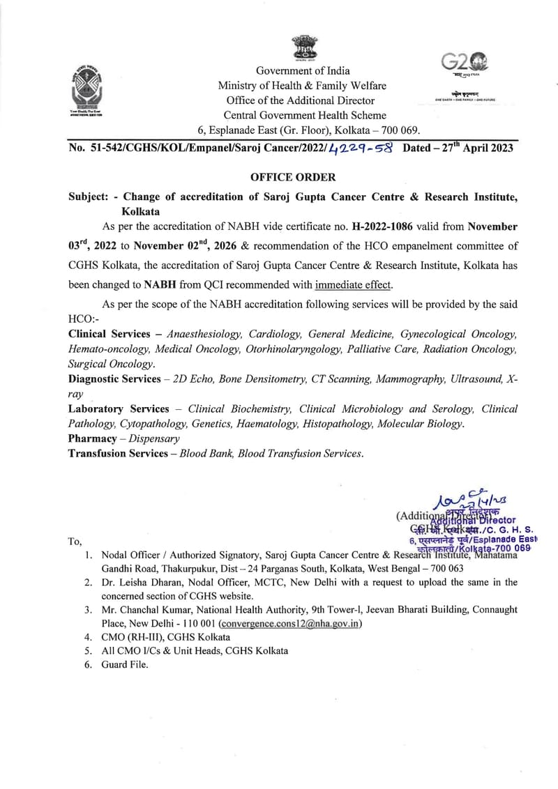 Change of accreditation of Saroj Gupta Cancer Centre & Research Institute, Kolkata : CGHS Office Order dated 27.04.2023