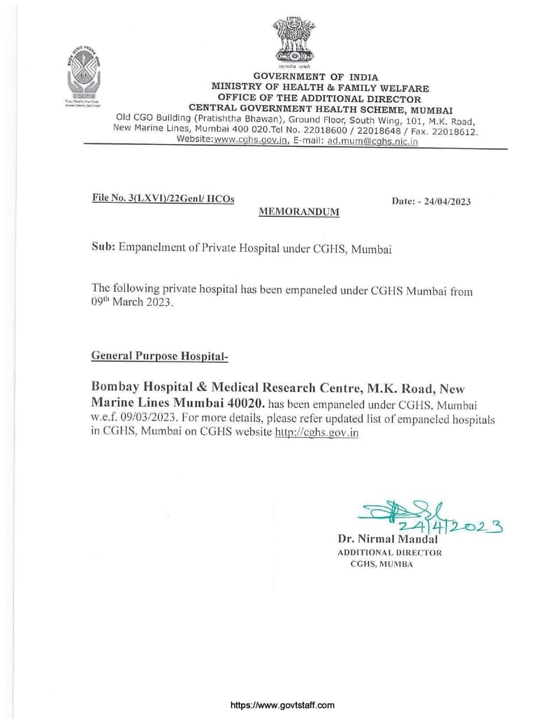 Empanelment of Bombay Hospital & Medical Research Centre, Mumbai under CGHS w.e.f. 09/03/2023