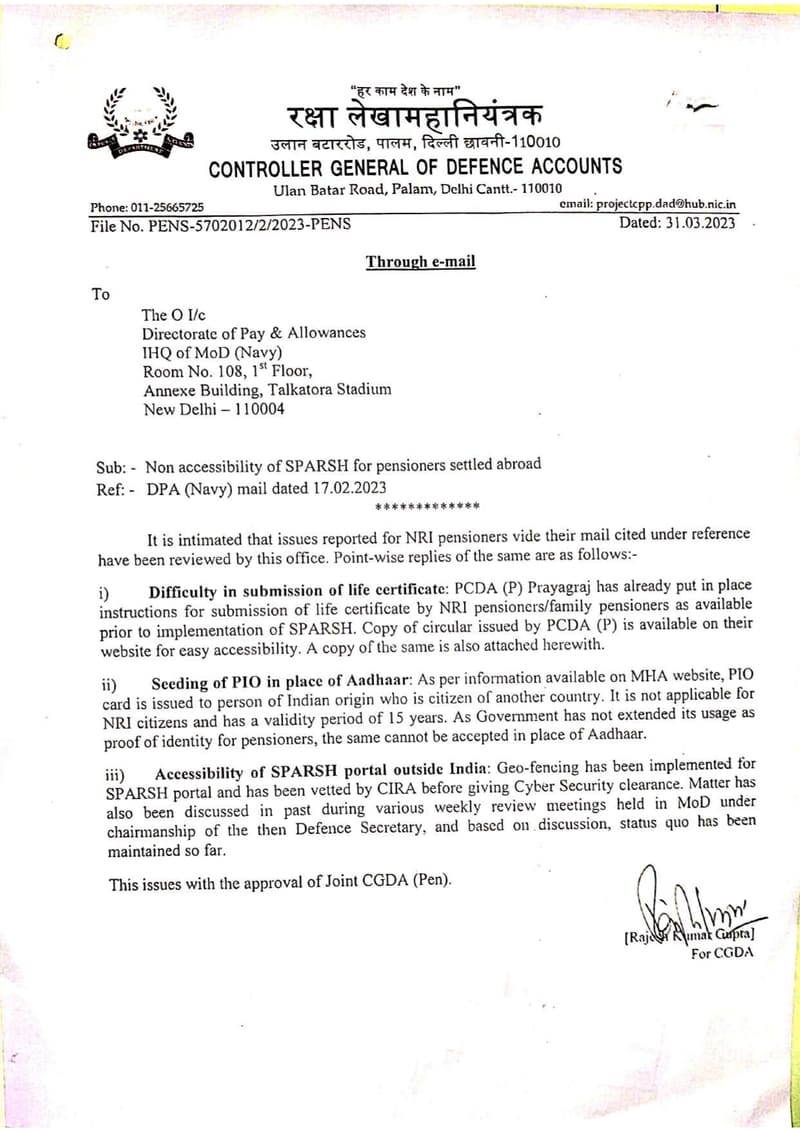 Non accessibility of SPARSH for pensioners settled abroad: CGDA clarification dated 31.03.2023