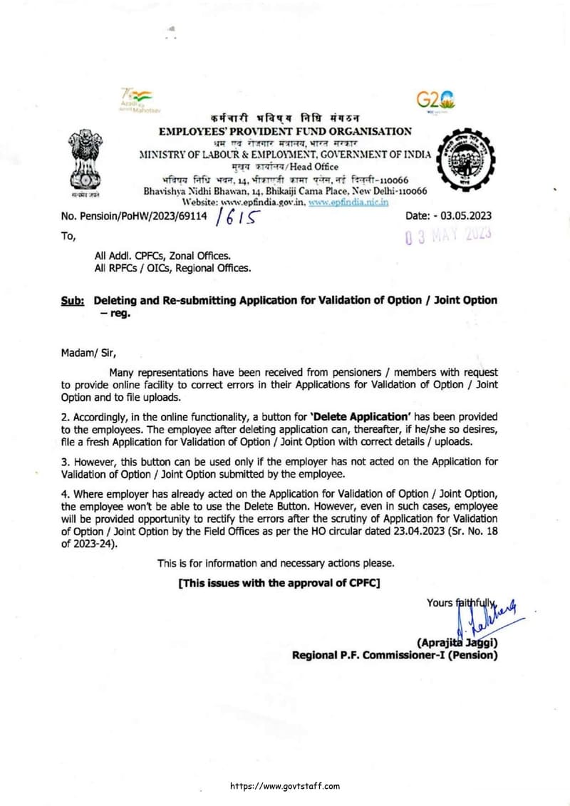 Deleting and Re-submitting Application for Validation of Option / Joint Option – Provision of online facility to correct errors : EPFO order dated 3.5.2023