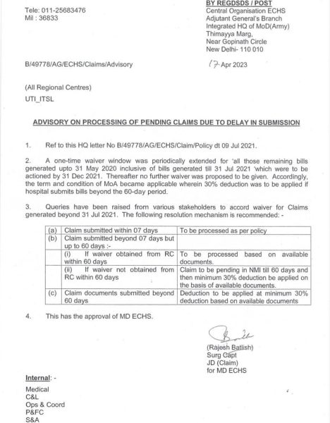 ECHS Advisory on Processing of Pending Claims due to Delay in Submission