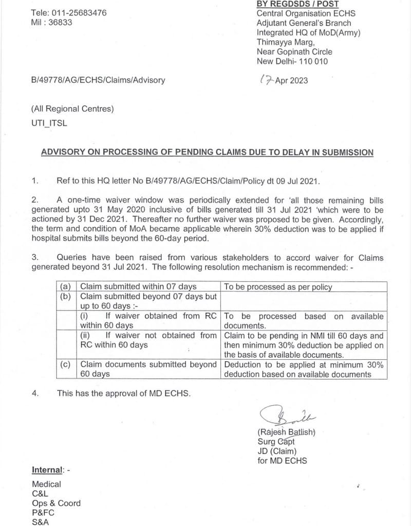 ECHS Advisory on Processing of Pending Claims due to Delay in Submission: ECHS Order dated 17.04.2023