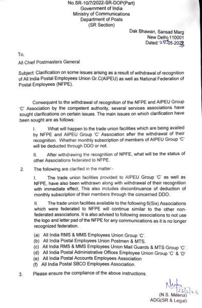 Withdrawal of recognition of All India Postal Employees Union Gr.C (AIPEU) as well as National Federation of Postal Employees (NFPE)