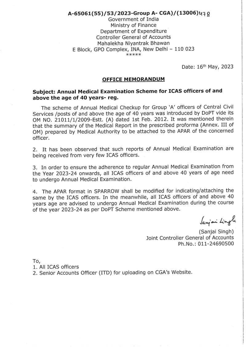 Annual Medical Examination Scheme for ICAS officers of and above the age of 40 years – CGA O.M dated 16.05.2023