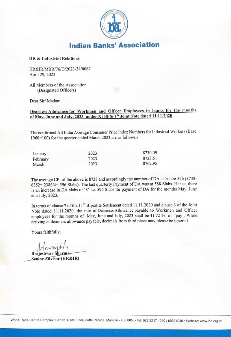 Bank Dearness Allowance for Workmen and Officer Employees in banks for the months of May, June and July, 2023 under XI BPS/ 8th Joint Note dated 11.11.2020