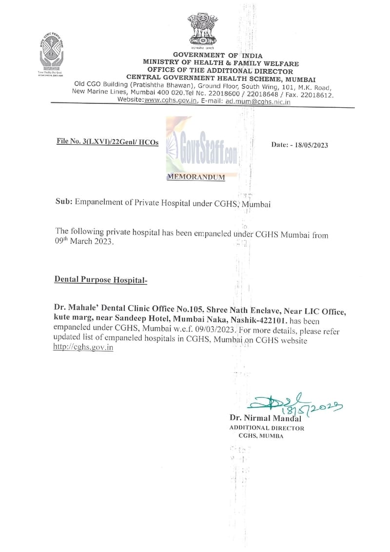 Dr. Mahale’ Dental Clinic Nashik under CGHS Mumbai from 09 March 2023
