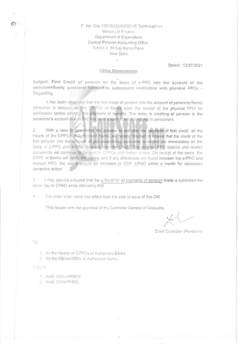 First Credit of pension on the basis of e-PPO into the account of the pensioner /family pensioner followed by subsequent verification with physical PPOs – CPAO O.M dated 23.05.2023