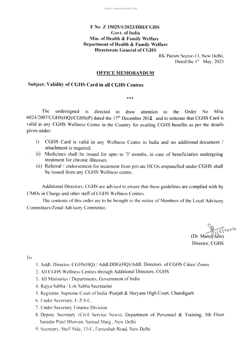 Validity of CGHS Card in all CGHS Centres – CGHS O.M. dated 01.05.2023 for compliance