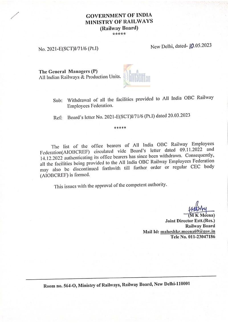 Withdrawal of all the facilities provided to All India OBC Railway Employees Federation – Railway Board letter dated 10.05.2023
