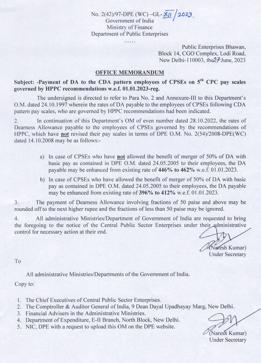 5th CPC DA from 01.01.2023 to the CDA pattern employees of CPSEs: Department of Public Enterprises OM dated 27.06.2023