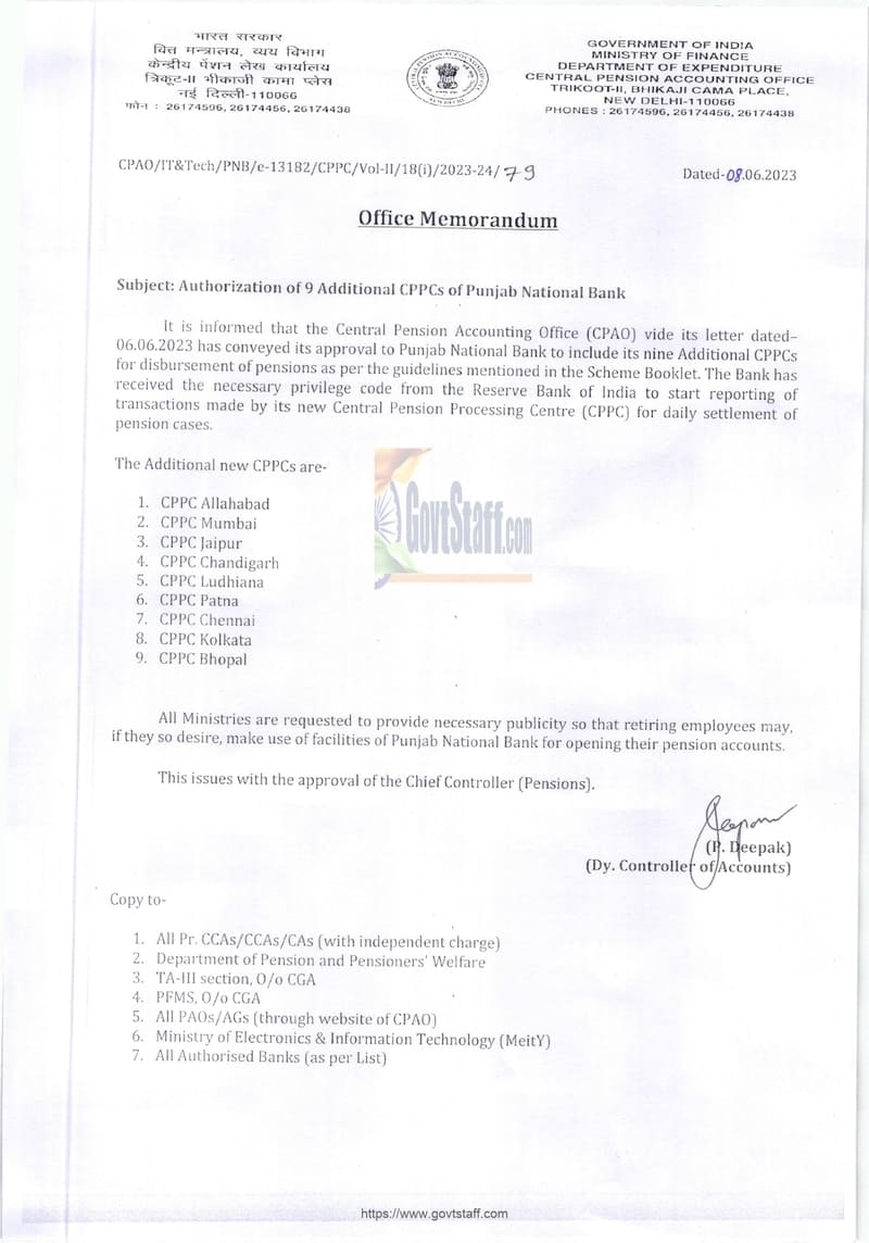 Authorization of 9 Additional CPPCs of Punjab National Bank – CPAO O.M. dated 08.06.2023
