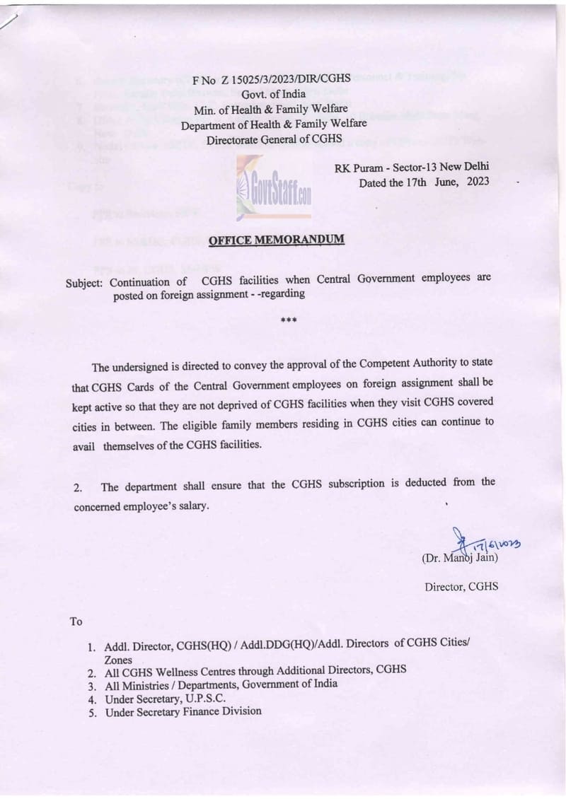 CGHS facilities when Central Government employees are posted on foreign assignment – Continuation by CGHS
