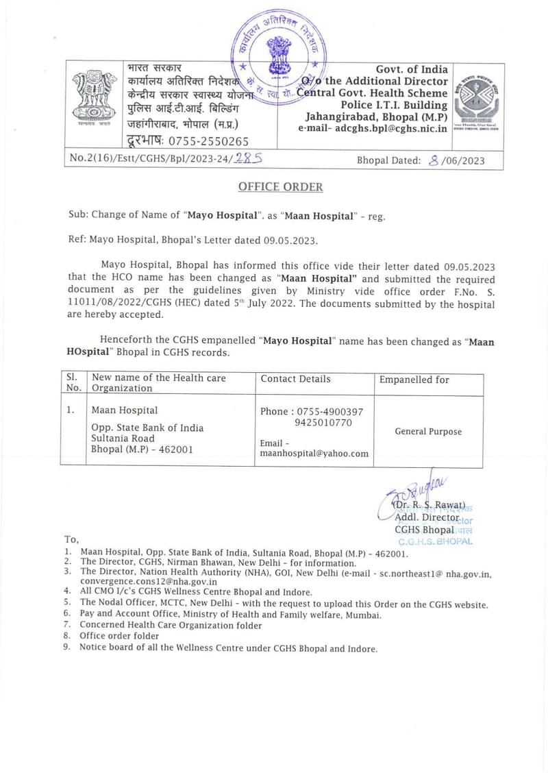 Mayo Hospital Bhopal – Name changed to Maan Hospital : CGHS Office order