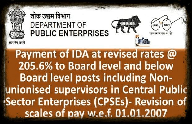 Payment of DA at 205.6% in case of IDA employees of CPSEs who have been allowed revised pay scales 2007