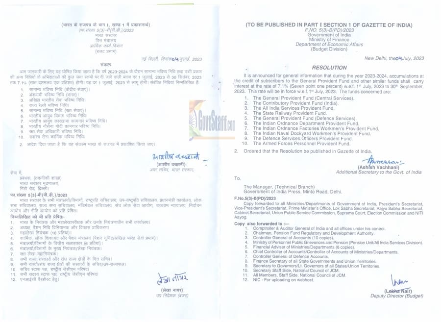 Interest rates on GPF and other similar funds for Q2 of FY 2023-24 from 1st July 2023 to 30th Sep 2023