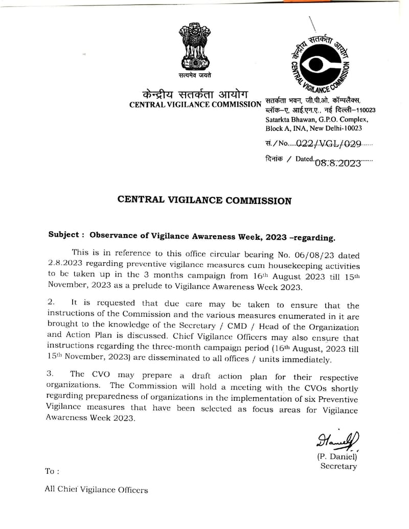 Observance of Vigilance Awareness Week 2023 : Dissemination of three-month campaign period from 16 August 2023 till 15th November 2023