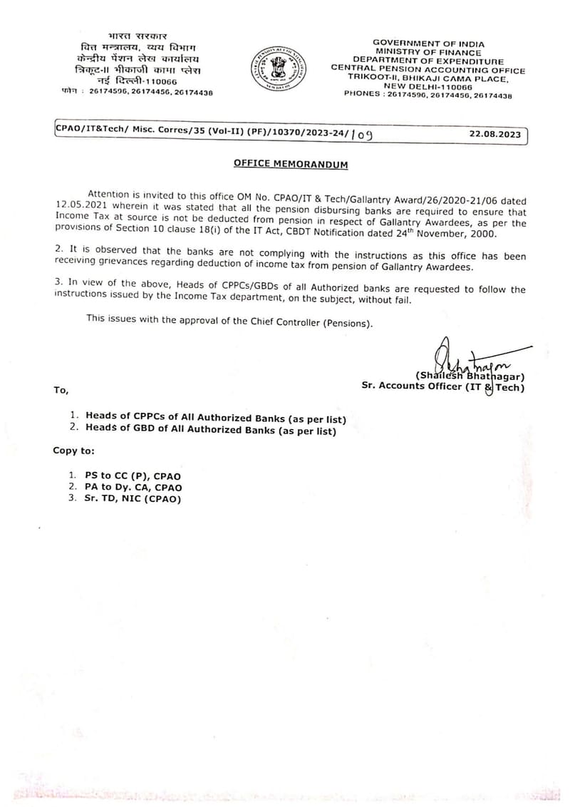 Pension in respect of Gallantry Awardees – Income Tax is not deductible from pension in respect of Gallantry Awardees : CPAO writes to Bank dt 22.08.2023 