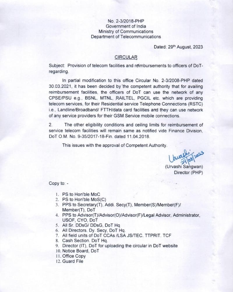 Provision of telecom facilities and reimbursements to officers of DoT: Circular dated 29.08.2023