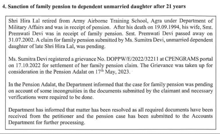 Sanction of family pension to dependent unmarried daughter after 21 years pending due to on account of some incongruities in the documents : Success Story – DoP&PW