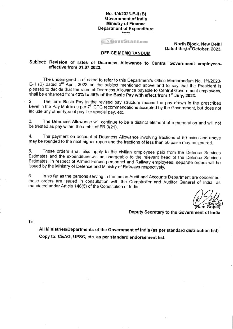 Revised rates of Dearness Allowance at 46% w.e.f. 1st July 2023 – Finmin O.M. dated 20.10.2023