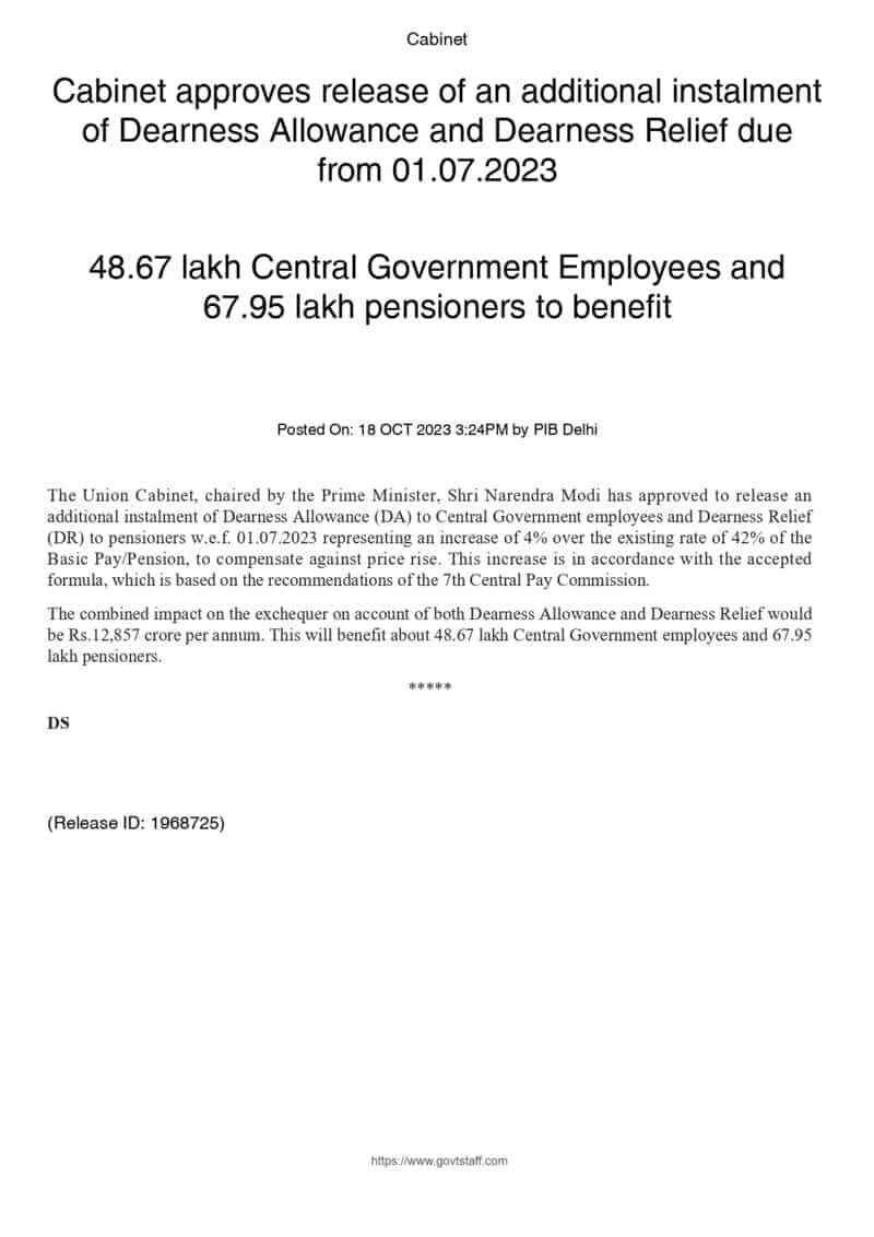 Dearness Allowance (DA) and Dearness Relief (DR) – Cabinet approves to release an additional instalment with an increase of 4% over the existing rate of 42%