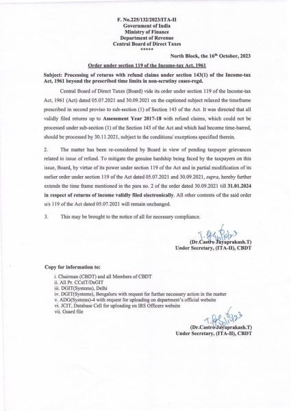 processing-of-returns-with-refund-claims-under-section-1431-of-the-income-tax-act-1961-beyond-the-prescribed-time-limits-in-non-scrutiny-cases-cbdt-order-under-section-119-of-the-income-tax-act